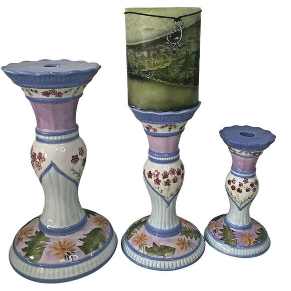 Capriware 3-Piece Pillar Candleholder Set Blue Purple Floral Hand Painted VTG - Picture 3 of 12